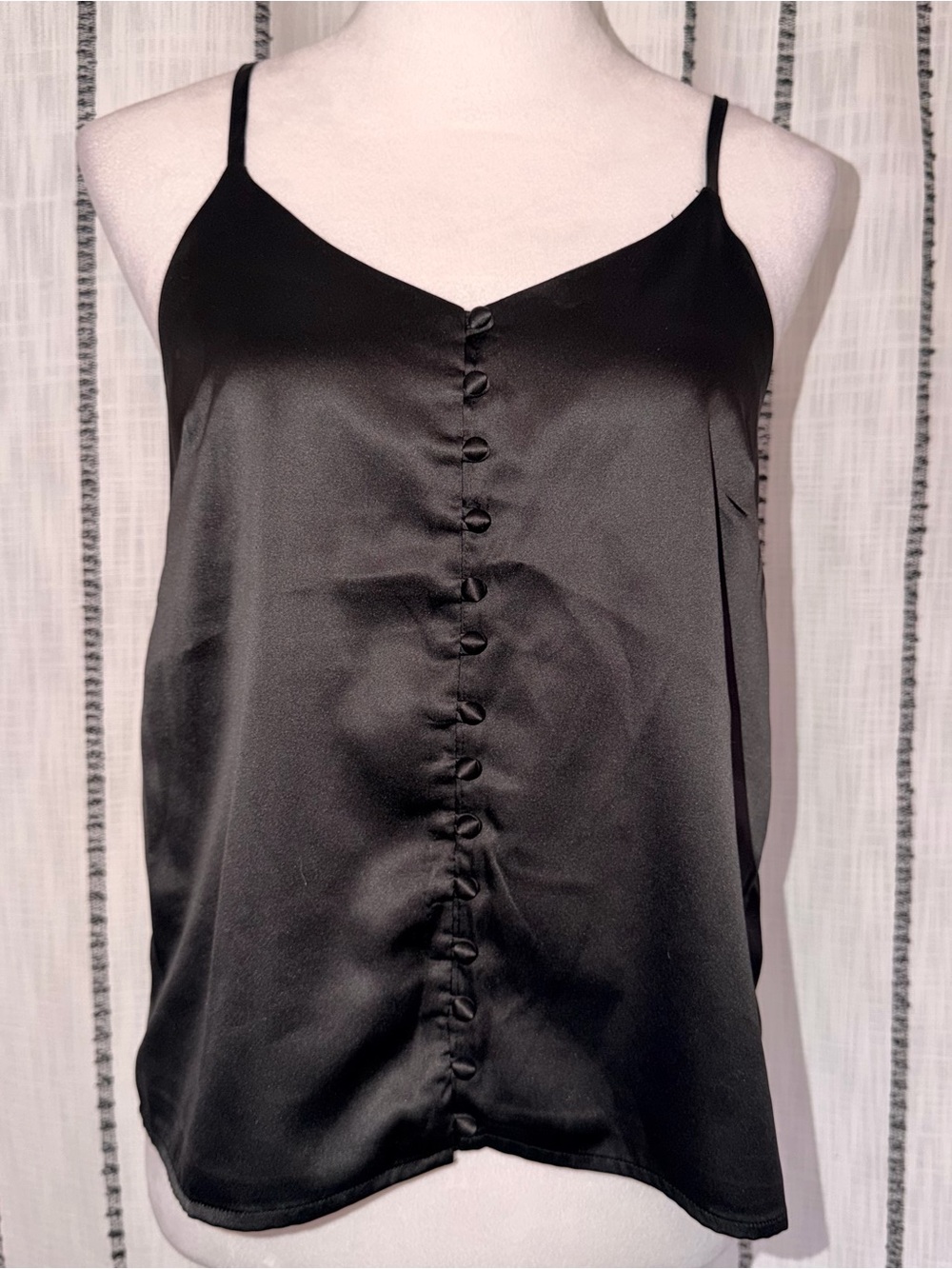 Black Satin Like Spaghetti Strap Button-Front Camisole